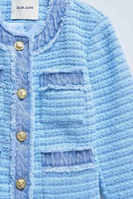 CHAQUETA DE TWEED CON DETALLES EN DENIM AZUL DESFLECADO