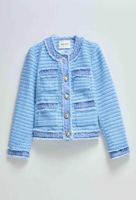 CHAQUETA DE TWEED CON DETALLES EN DENIM AZUL DESFLECADO