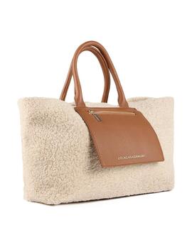 BOLSO SHOPPER BORREGUITO BEIGE Y ECOPIEL MARRÓN