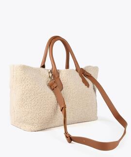 BOLSO SHOPPER BORREGUITO BEIGE Y ECOPIEL MARRÓN