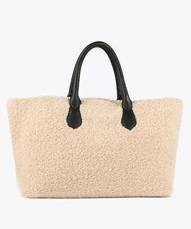 BOLSO SHOPPER BORREGUITO BEIGE Y ECOPIEL NEGRA