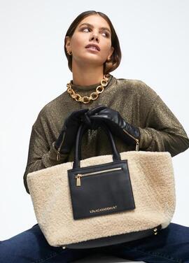 BOLSO SHOPPER BORREGUITO BEIGE Y ECOPIEL NEGRA