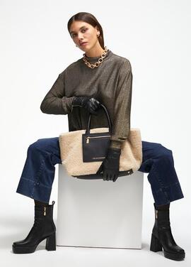 BOLSO SHOPPER BORREGUITO BEIGE Y ECOPIEL NEGRA