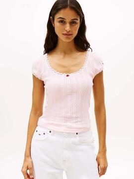 CAMISETA ACANALADA SLIM FIT ESCOTE REDONDO ROSA