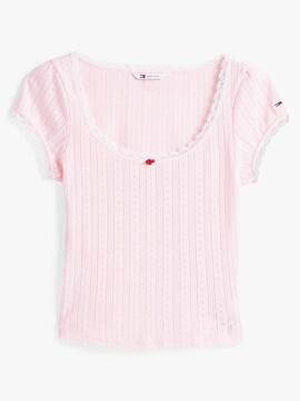 CAMISETA ACANALADA SLIM FIT ESCOTE REDONDO ROSA